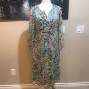LOFT Garden Midi Shirt Dress Green Floral Chiffon Long Sleeve-Size 8P